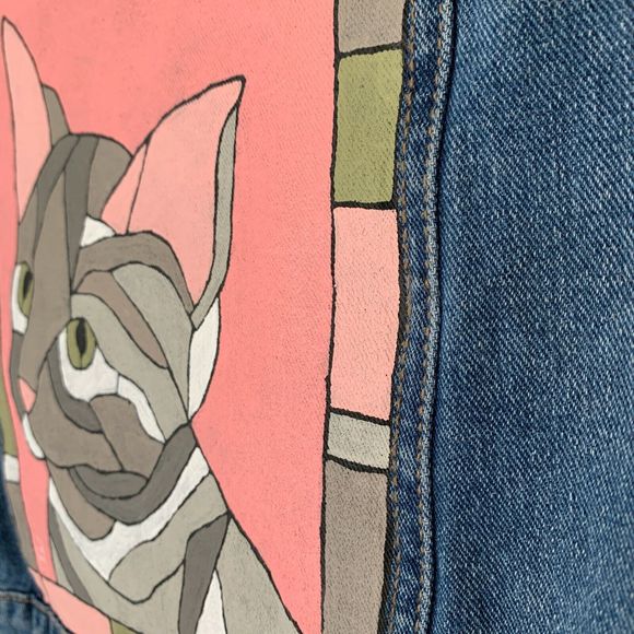 Cat Hand Painted Denim Jacket Wearable Art Tabby Artsy Chic Statement Style - Picture 4 of 10